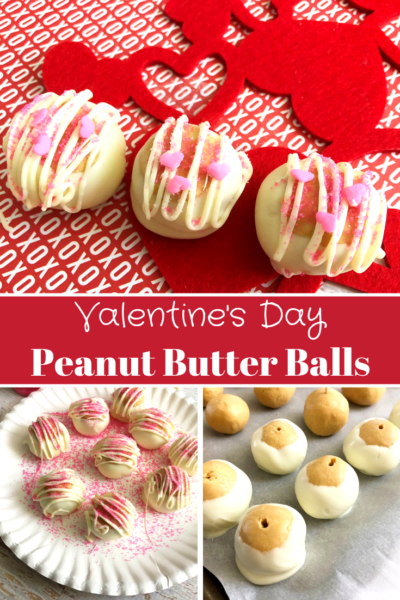 These white chocolate peanut butter balls are the perfect valentines day treat! They are topped with pink candy hearts. #ValentinesDay #Valentines #Dessert #PeanutButterBalls #PeanutButterBuckeyes