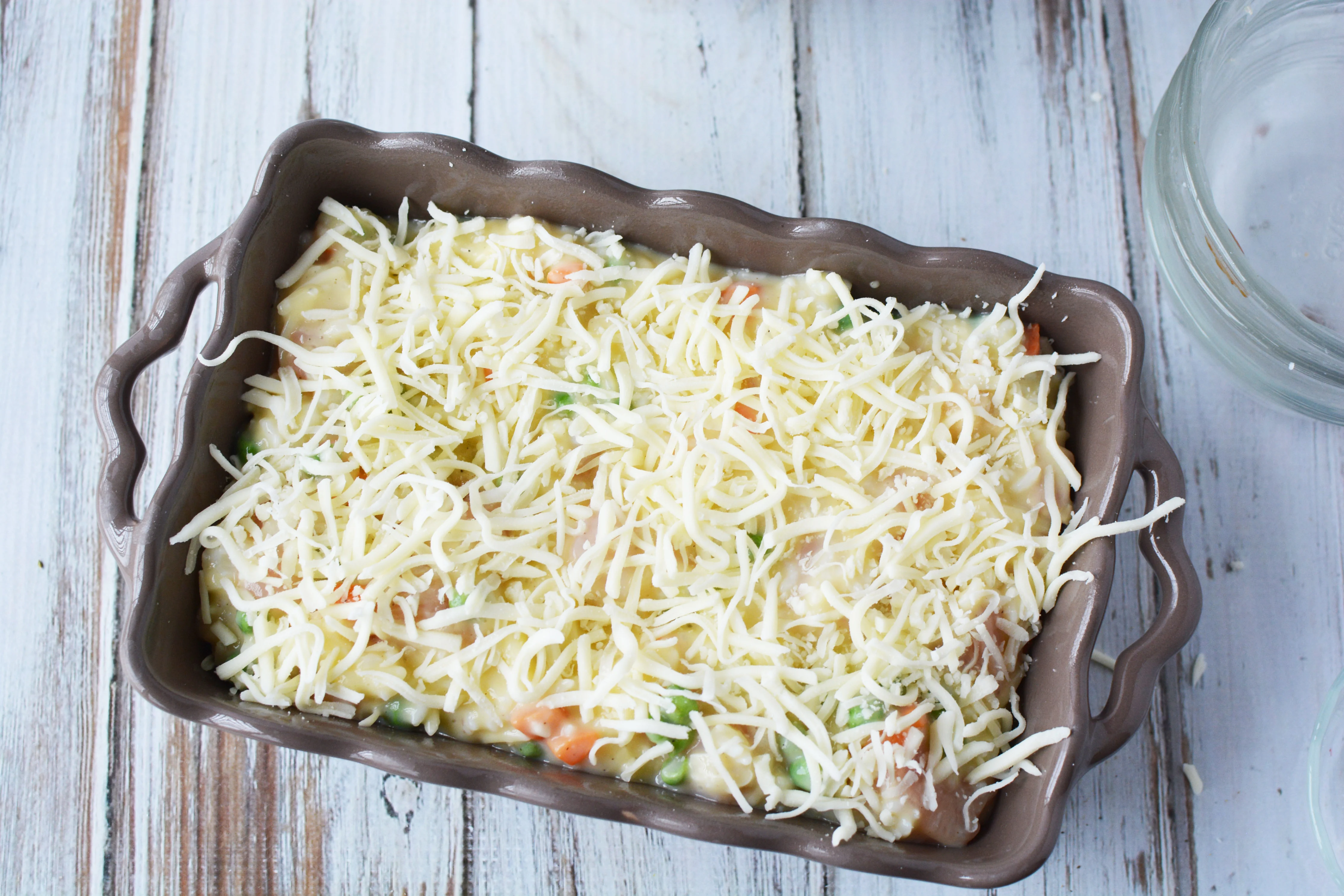 Chicken and Rice Casserole ready to bake.