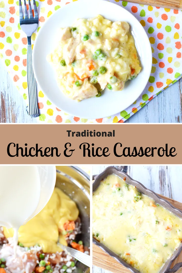 This traditional Chicken and Rice Casserole is a popular weeknight dinner idea that's perfect for a hearty Winter meal. It's so easy to make, you'll crave it all year round though. #Casserole #Dinner 
