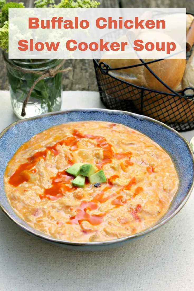 This Buffalo Chicken Slow Cooker Soup recipe is a family favorite. The heart one-bowl dinner idea can be prepped in the morning and ready when you get home. #SlowCookerSoup #SlowCookerDinner #DinnerRecipe