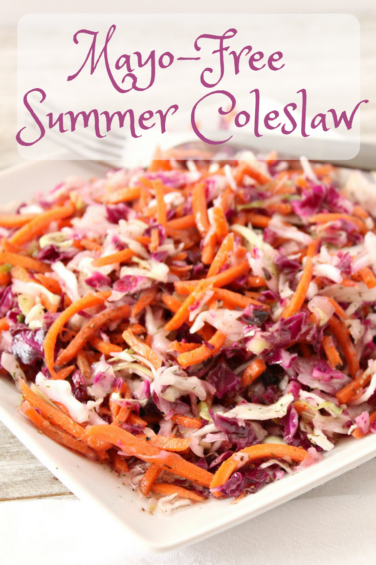 This mayo-free coleslaw recipe is a great side dish to any Summer BBQ! It's full of flavor and it's dress is vinegar based. Guests always want more! #Coleslaw #MayoFreeColeslaw #BBQRecipe