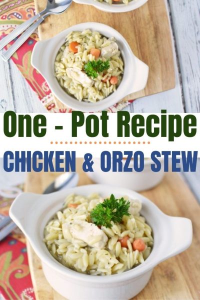 Need a quick weeknight dinner idea? This Chicken and Orzo Stew recipe is hearty and delicious. The whole family loves it. #ChickenAndOrzo #OnePotPasta #Dinner #WeeknightDinner #EasyDinnerRecipes