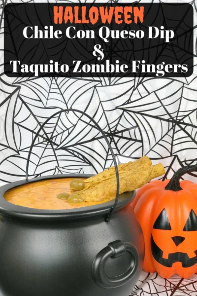 Make this delicious #Halloween Cheese Dip as part of your party table! It's complete with taquito zombie fingers for dipping too. It's the perfect Halloween appetizer that any crowd would enjoy. #AD #RotelDareToDip #HalloweenRecipes #HalloweenDip #FallRecipes