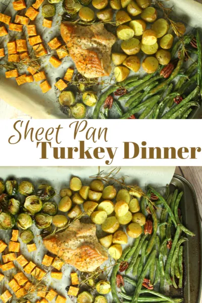 Make Thanksgiving easy with this sheet pan turkey dinner! Your vegetables and turkey bake at the same time. Plus, great tips for using it as leftovers. #Thanksgiving #ThanksgivingTurkey #EasyThanksgiving #TurkeyDinner #Dinner #DinnerRecipe #FamilyRecipe #VegetableRecipes