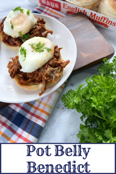 Keep brunch exciting with this twist on the classic: Pot Belly Eggs Benedict features pulled pork, a poached egg and hollandaise sauce over a Bay's English Muffin. Simple and delicious! #AD #BetterWithBays