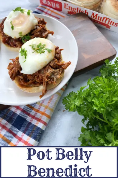 Keep brunch exciting with this twist on the classic: Pot Belly Eggs Benedict features pulled pork, a poached egg and hollandaise sauce over a Bay's English Muffin. Simple and delicious! #AD #BetterWithBays