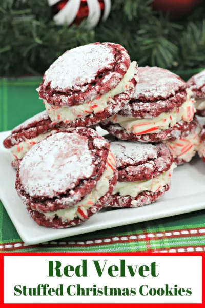 These Red Velvet Stuffed Cookies will be the star of your holiday cookie swap! They're stuffed with buttercream and rolled in peppermint crunch. #RedVelvet #ChristmasCookies #Christmas #RedVelvetCookies #Cookies #HolidayBaking