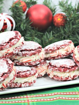 Red Velvet Stuffed Cookies, Red Velvet Cookies, Red Velvet Christmas Cookies, Red velvet Sandwich cookies with peppermint