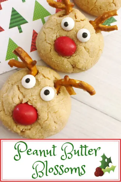 Make these easy Christmas cookies with the kids. These are soft peanut butter blossoms with cute reindeer faces. #ChristmasCookies #ChristmasBaking #CookieExchange #ChristmasTreats #Baking #Cookies #CookieRecipes