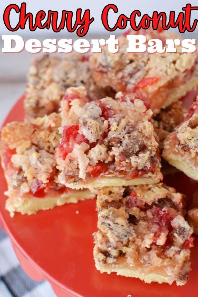 These Cherry Coconut Dessert Bars have a shortbread crust on the bottom, then topped with coconut, chopped pecans and maraschino cherry mixture. They're baked until golden brown!