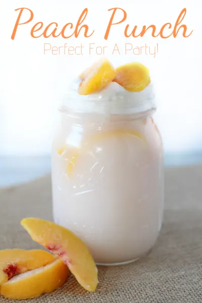 Peach Party Punch: Perfect for any spring event, this peach party punch is easy to make and refreshing! It's an awesome baby shower drink or bridal shower drink recipe. #PunchRecipe #PartyRecipe #PartyDrink #PeachPunch #BridalShower #BabyShowerIdeas #SpringDrink #CocktailRecipe