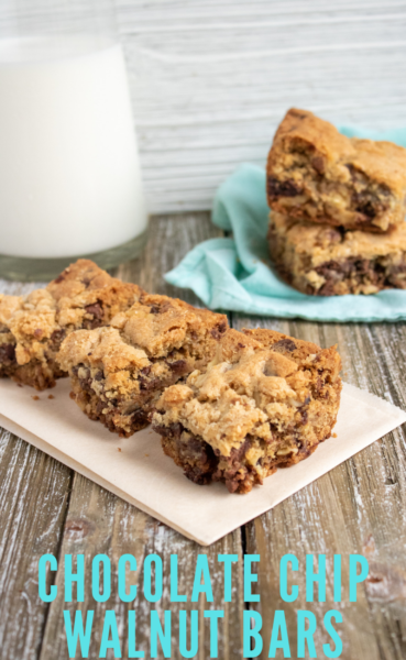 These Chocolate Chip Walnut Bars come together in five easy steps and they're chewy chocolatey texture will have everyone asking for the recipe! #DessertBars #EasyDessertRecipe #Dessert #ChocolateRecipe #Bars #ChristmasBars
