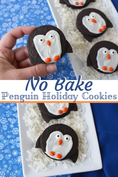 Keep it simple! These no bake Christmas cookies are an adorable penguin shape. Kids can help make these Christmas cookies and they're perfect for last minute events. #ChristmasCookies #HolidayCookies #WinterCookies #Penguins #NoBakeChristmas