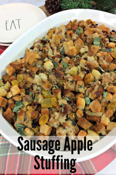 Need an easy Thanksgiving side dish? This Apple Sausage stuffing can be made ahead of time and baked when you're ready. #Thanksgiving #ThanksgivingSideDish #Stuffing #StuffingRecipe #SausageStuffing