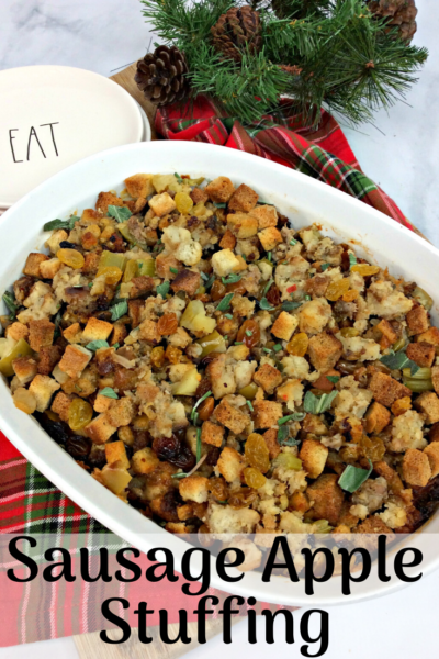 This savory sausage apple stuffing recipe is perfect for an easy Thanksgiving side dish. Make it ahead of time and bake when you're ready. #Thanksgiving #ThanksgivingSideDish #Stuffing #Dressing #StuffingRecipe #Apple #EasyThanksgiving