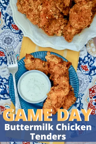 Perfect for game day, or as a kid-friendly dinner idea, these Buttermilk Chicken Tenders only take 3 steps to make! #Chicken #ChickenTenders #SuperBowl #Tailgating #TailgatingFood #PartyFood #Appetizer #EasyAppetizerRecipe #FootballFood