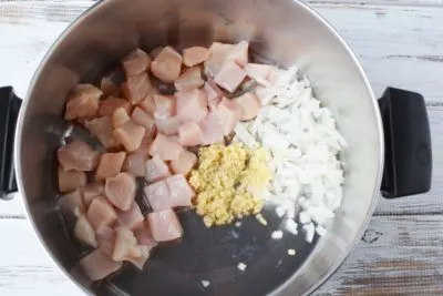 Adding chicken, onion and garlic to the large stockpot