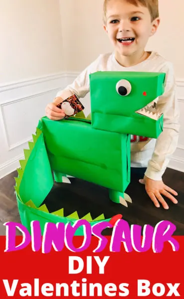 This DIY Dinosaur Valentines Day Box is easy to make and comes together in 5 steps. Perfect for the little dinosaur fan in your life! #ValentinesDay #ValentinesBox #ValentinesDayCraft #Dinosaur #DinosaurCraft #ValentinesBoxCraft #KidsCraftIdeas