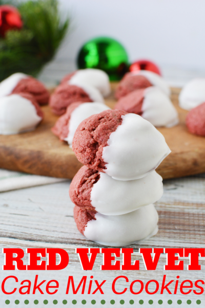 These Red Velvet Cookies are easy Christmas Cookies that comes together with one bowl! #ChristmasCookies #CakeMixCookies #ChristmasBaking #HolidayBaking #RedVelvet #RedVelvetCookies