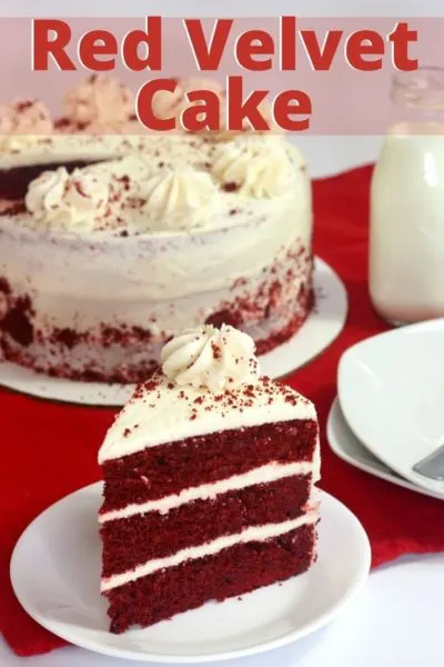 This layered red velvet cake recipe is a southern dessert that has a hint of cocoa and a cream cheese frosting. #ChristmasDessert #ChristmasBaking #ChristmasCake #CakeRecipe #RedVelvet #ValentinesDay #ValentinesDayDessert #LayaredCake