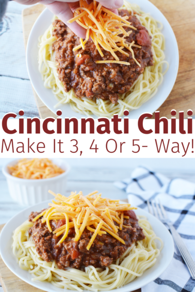 This midwest dish is a family favorite! Make 3, 4 or 5 Way Cincinnati Chili with these easy recipe. It's an iconic Ohio dinner that's comforting and full of flavor. #Chili #CincinnatiChili #5WayChili #EasyChiliRecipe #ChiliRecipes #SuperBowlRecipes #WinterDinnerIdeas #WinterDinnerRecipes