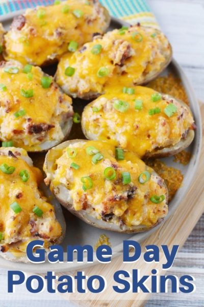 Get ready for the big game! These Twice Baked Potato Skins are an easy appetizer. Do half of it in the microwave to save time. They're loaded with toppings and delicious. #SuperBowlParty #GameDayAppetizer #SuperBowlAppetizer #EasyAppetizerRecipes #GameDayRecipes #SuperBowlRecipes