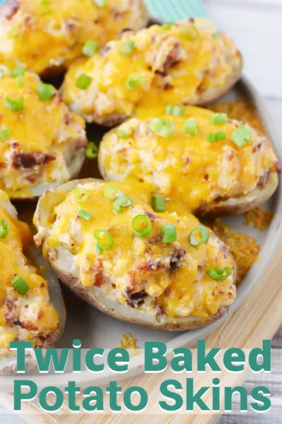 These Twice Baked Potato Skins are EASY! Do half in the microwave and finish in the oven. It'll save you time and work. Load them with your favorite toppings and serve as an appetizer. #SuperBowlParty #Appetizer #PotatoSkins #PotatoRecipes #Tailgating #GameDayRecipes #SuperBowlAppetizerRecipes