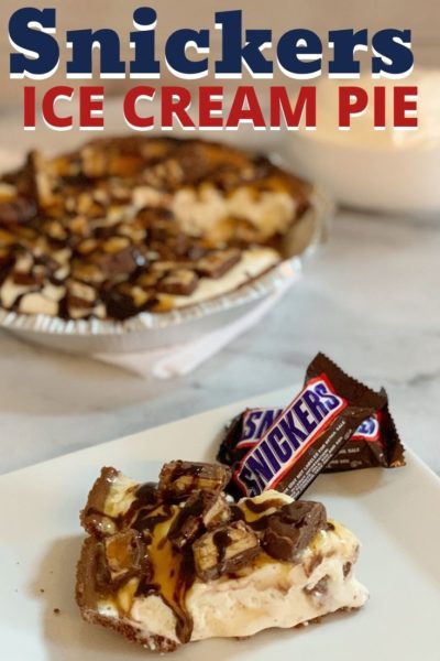 Cool off with this delicious Snickers Ice Cream Pie recipe! It's creamy, sweet and the perfect treat. #NoBakePie #Snickers #IceCreamPie #Dessert #EasyDessertRecipes #NoBakePieRecipes