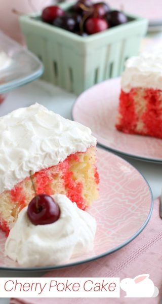 This Cherry Poke Cake is a fantastic Easter dessert recipe. The beautiful cake color creates a striped look and the marshmallow cream frosting is the perfect finishing touch. #Easter #EasterDessert #EasterCake #SheetCake #SheetCakeRecipe #CherryPokeCake #PokeCakeRecipe