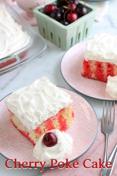 Need a spring dessert? This cherry poke cake is a fantastic sheet cake for events. The fruit flavor, stripe patter and fluffy marshmallow topping make it a family-favorite dessert. #Dessert #PokeCake #CherryPokeCake #CherryCake #SpringDessert #EasterDessert #EasterCake #EasterDessertRecipes #SheetCakeRecipes