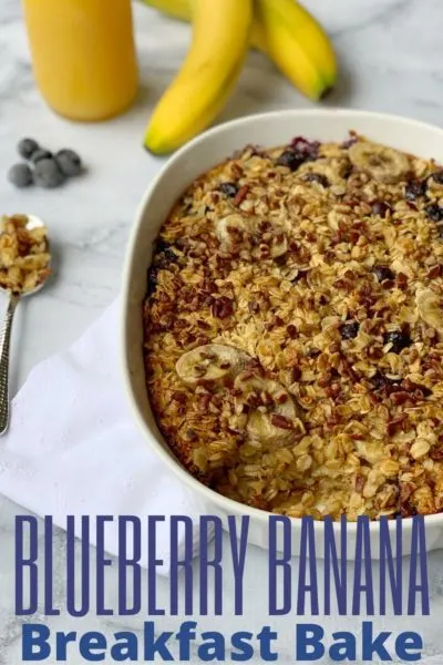 Kick off your mornings with this delicious Blueberry Banana Breakfast Bake. It can be a make-ahead breakfast casserole too. Pecan pieces add a nice crunch against the fruit and it can be made with your favorite non-dairy milk as well. #Breakfast #Brunch #Blueberry #Banana #MakeAheadBreakfastCasserole #Oatmeal #OatmealBake