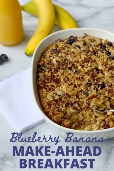 Filling, sweet and topped with a pecan crunch - this Blueberry Banana Oatmeal Bake is a great make-ahead breakfast casserole. You can substitute for your favorite non-dairy milk to use too! It's gluten-free, vegetarian and low-fat. #Breakfast #Brunch #Blueberry #Banana #OatmealBake #BreakfastCasserole #BreakfastBake