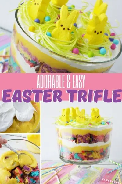 Need an easy Easter dessert idea? This Easter trifle is both cute and easy to make! It's layers of colorful cake, cool whip and pudding. Then it's topped with Easter grass and Peeps. It makes a perfect Easter centerpiece too. #Easter #EasterDessert #EasterTrifle #TrifleRecipes #PeepRecipes #EasterCakeRecipes #SpringDessertRecipes