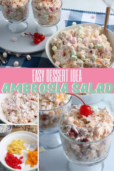 Need a dessert to feed a crowd? This classic Ambrosia salad is perfect! It's a dessert salad made with cool whip, sour cream, pineapple, pecans, cherries, oranges and marshmallows. Everyone loves it! It's perfect for spring and summer occasions. #DessertSalad #EasterDessert #EasyDessertRecipe #EasterDessertRecipe #SpringDessert #BBQDessertRecipes #CheapDessertRecipe