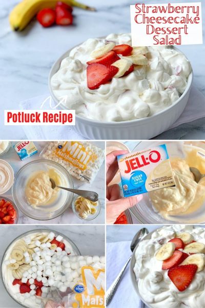 This is the perfect potluck dessert! Everyone always asks for this Strawberry Banana Cheesecake Dessert Salad recipe too. You can mix out the fruit to your preference or occasion. It serves a big crowd (or cut recipe in half). #DessertSalad #PotluckRecipe #SummerDessert #EasyDessertRecipe #StrawberryDessert #Cheesecake