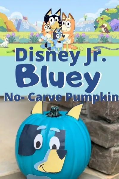 How to make a no-carve pumpkin that's inspired by the animated show "Bluey" on Disney Junior! With step-by-step instructions and guide. #NoCarvePumpkin #DisneyJunior #Bluey #KidsPumpkinIdeas #PumpkinDecorating