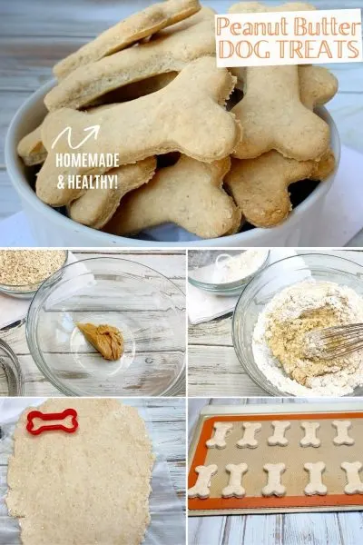 Made from wholesome ingredients, these Homemade Peanut Butter Dog Bones are easy to put together and don't have any additives. Plus cheaper than store-bought! #HomemadeDogBones #HomemadeDogTreats 