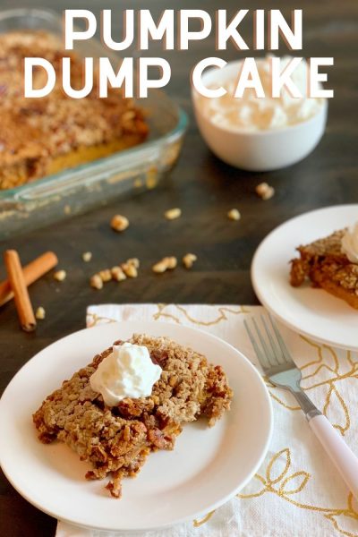 Anyone can make this Pumpkin Dump Cake recipe! Just stir your pumpkin, milk and spices. Dump the cake mix and bake to perfection. Makes a great dessert for Halloween or Thanksgiving. #PumpkinDumpCake #PumpkinDessert #ThanksgivingDessert #PumpkinCake