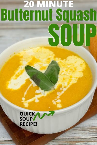 Full of fall flavor, this Butternut Squash Soup recipe is QUICK and EASY to make. It's rich, creamy and has a hint of sweetness - thanks to apple. Our family loves it! #SoupRecipe #ButternutSquash #ButternutSquashSoup #EasySoupRecipe #QuickSoupRecipe