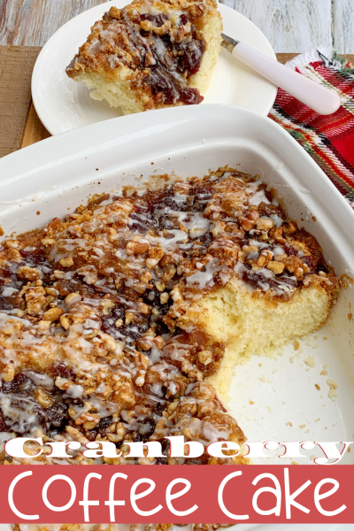 Using baking mix and jellied canned cranberries, this Cranberry Coffee Cake recipe is SO EASY! It has a streusel topping and sweet glaze to finish. It's the perfect Christmas breakfast idea. #Cranberry #CranberryRecipe #ChristmasBreakfast #CoffeeCakeRecipe #CoffeeCake