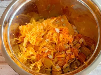 Inside of pumpkin, pumpkin guts, roasting pumpkin seeds