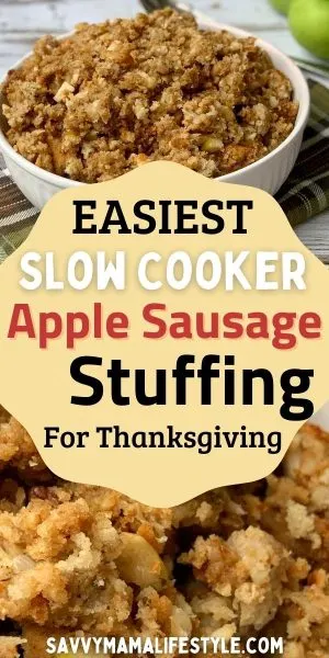 Made with diced tart apple, chopped pecans and sausage crumble, this Slow Cooker Apple Sausage Stuffing recipe is EASY! It won't take up room in your oven - just prep and forget about it. #ThanksgivingStuffing #StuffingRecipe #SausageStuffingRecipe #ThanksgivingSideDish Made with diced tart apple, chopped pecans and sausage crumble, this Slow Cooker Apple Sausage Stuffing recipe is EASY! It won't take up room in your oven - just prep and forget about it.