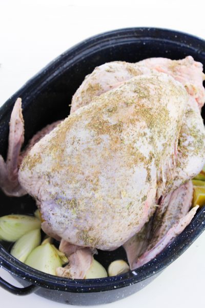 Raw Whole Turkey Ready To Roast In The Oven