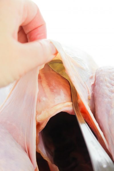 Separating turkey skin from the meat