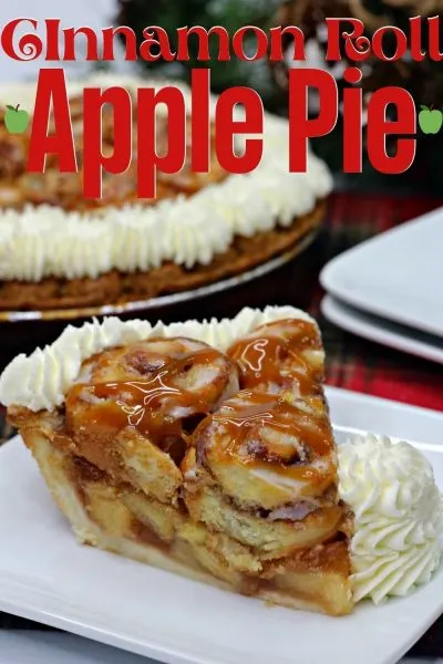 This Cinnamon Roll Apple Pie has an amazing flavor combination that's unexpected! It's got a layer of traditional apple pie and then topped with miniature cinnamon rolls. It's FANTASTIC! Make it as a great fall dessert - for Thanksgiving! #ThanksgivingDessert #Thanksgiving #ThanksgivingRecipe #ApplePie