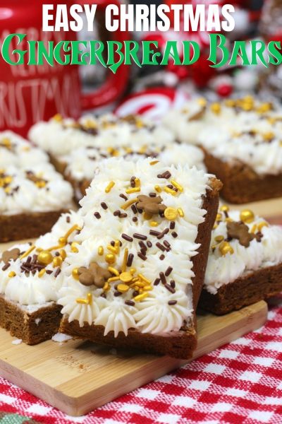 Soft and chewy, these Gingerbread Bars are a delicious Christmas treat! They're EASY and festive, with frosting on top. Make them as a great homemade holiday gift idea too. #Gingerbread #ChristmasBaking #ChristmasBars #BakingRecipes