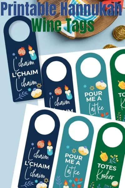 Grab these FREE Printable Hanukkah Wine Tags for easy gift giving! Perfect for hostess gifts, synagogue events and teacher gifts. #Hannukah #HannukahIdeas #PrintableHannukah #WineTags