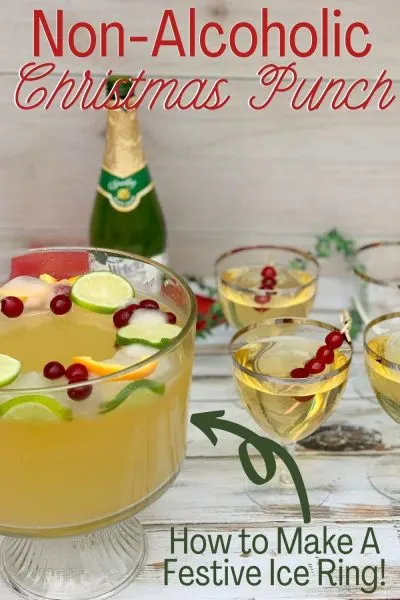 How to make a refreshing non-alcoholic holiday punch, with a beautiful ice ring to keep it chilled. #ChristmasPunch #ChristmasPunchForKids #NonAlcoholicChristmasPunch