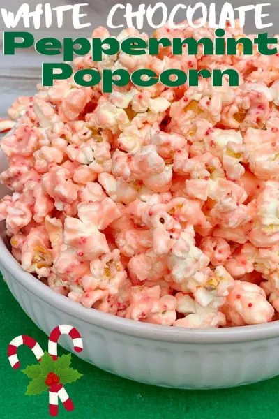 Made with only 3 ingredients, this White Chocolate Peppermint Popcorn is a popular Christmas snack recipe that everyone loves. #ChristmasSnack #ChristmasSnackRecipe #Popcorn