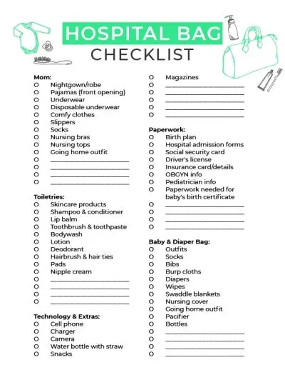 Printable Hospital Checklist For Pregnant Moms